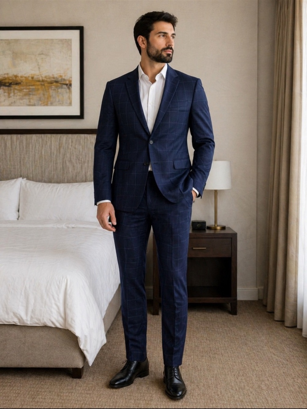 Men's Navy Windowpane Suit - Classic Tailored Fit